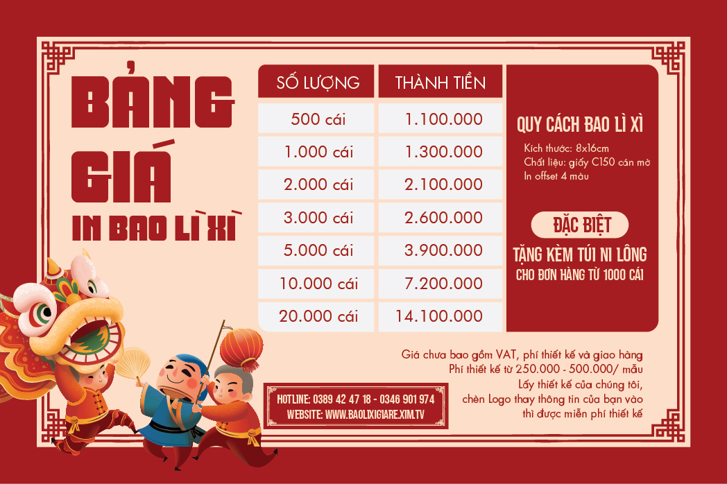 Bảng giá in bao lì xì giá rẻ - Giá in bao lì xì theo yêu cầu